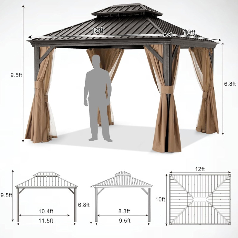 10×12ft Double Roof Hardtop Gazebo Manufacturer-sizes